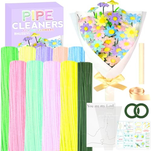Pfeifenreiniger Blumen Set Bastelset Kinder 9 Farben Pfeifenputzer zum Basteln Blumen Chenilledraht Bastelset für Mädchen Erwachsene Festival Dekoration Spielzeug Geschenke, Gänseblümchen Blumenstrauß