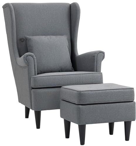 HOMCOM Ohrensessel mit Hocker Sessel mit Leinenoptik, Lendenkissen, Loungesessel Modern Relaxsessel mit Armlehne für Wohnzimmer Grau