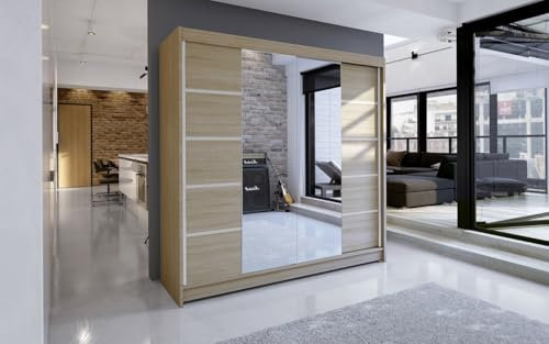 ELUKS - DERVINO Sliding Doors Wardrobe with Mirror Furniture for Bedroom Living Room and Hall Wardrobe Organizer Width 100cm/120cm/150cm/180cm/200cm/WHITE/BLACK/OAK (Oak, 150cm)