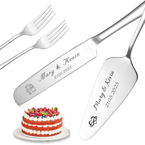 Personalisierte Tortenheber inkl Tortenmesser im Set mit persönlicher Gravur Name und Text Tortenschaufel Hochzeit Personalisiert als Geschenk zur Hochzeit Jahrestag Geburtstag (Silber - tortenmesser)