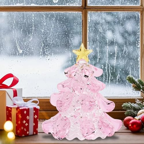 Minicloss Mini Crystal Christmas Tree Figurines, Glass Christmas Trees for Tabletop Christmas Tree Figurine with Star Topper, Glass Xmas Tree for Festive Tabletop Xmas Decoration(Pink)