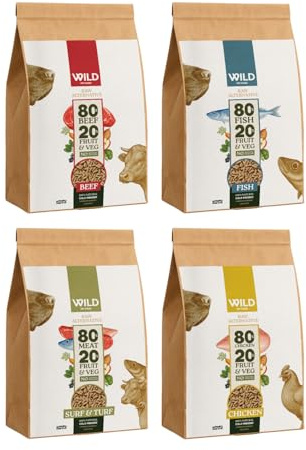 Wild Pet Food - Small Mixed Bundle (4 x 2.5 kg) Grain Free Dry Dog Food, 80:20 Cold Pressed - Surf & Turf, Chicken, Beef & Fish - Low Fat, High Protein - Gastrointestinal Dog Food - Adult or Puppy