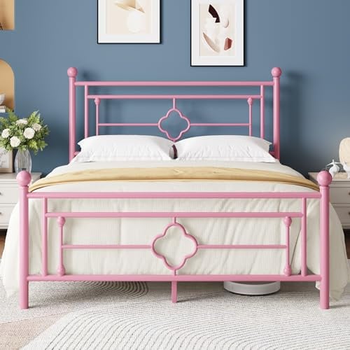 MUTICOR Metallbettgestell 140 x 200 cm, Modernes Bett mit Kopfteil und Lattenrost, Plattformbett für Schlafzimmer, Gästezimmer, Unterbett-Stauraum, Geräuschfrei, Einfache Montage, Rosa
