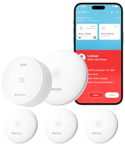 Heiman Smart Wassermelder WLAN mit App Benachrichtigung & Gateway, 10 Jahre Batterie, IP67 wasserdicht, Wassersensor zur Fernüberwachung für Keller, Badezimmer, Küche (nur 2,4 GHz), 3 Stück
