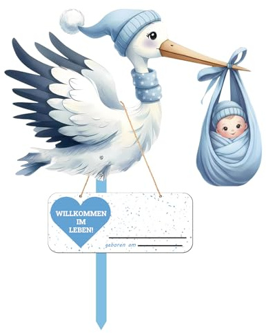 Mailfull Klapperstorch Set zur Geburt Baby 89cm Holz Storch Geburt für Draussen Willkommen Zuhause Baby Deko Inkl Holzstab Namensschild Grußkarte (Blau)