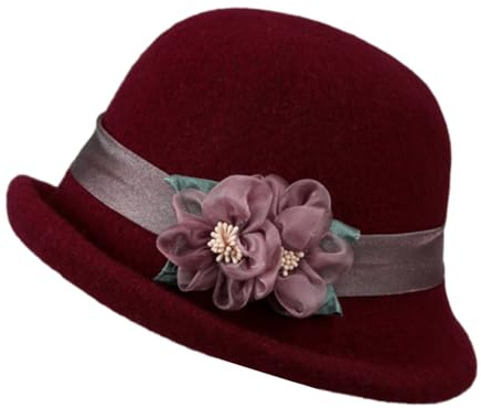 Damenhut im Stil der 1920er-Jahre, Vintage-Stil, Blumen, Krempe, Wollfilz, Fedora-Hut, Winterkleid, Kirche, Eimerkappe