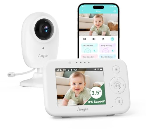 Simyke Monitor de video para bebé con pantalla HD de 3.5 pulgadas, cámara de monitor de bebé de conversación de 2 vías con video y audio HD, visión nocturna, temperatura, VOX y monitoreo de bebé