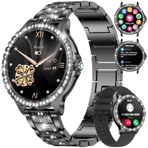 LIGE Smartwatch Damen Bluetooth Anrufe für Android iOS 1,32 HD Full Touch Screen Frauen Fitnessuhr Diamant Schwarz Edelstahl,Herzfrequenz,Schlaf Monitor,Schrittzähler, Kalorien,100+ Sport Mode