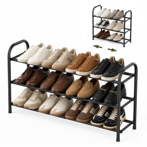 Ribech Ausziehbarer Schuhregal aus Metall | 3‑Ebenen‑Schuhständer verstellbar 45‑80 cm | Platzsparend für Flur, Kleiderschrank & Büro | Schwarz, Werkzeugfreie Montage