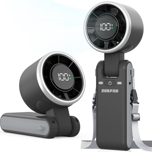 SURFOU Handventilator 4000mAh Akku, Tragbarer Mini Turbo Ventilator mit 5 Stufen, LED-Anzeige, 3-in-1 faltbar, USB-aufladbar, Leistungsstark für Büro, Reisen und Outdoor, Schwarz