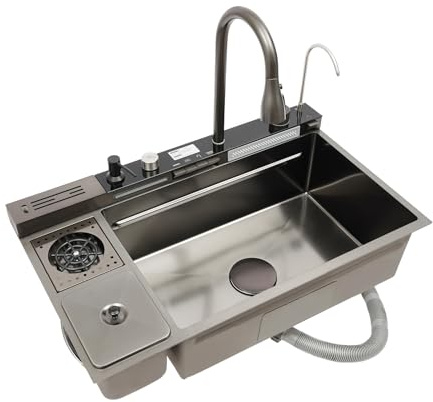 Multifunktion Waschbecken mit Klaviertasten-Bedienung Glasreiniger Schneidbrett Mülleimer & Reiner Wasserhahn,82x48x21cm Edelstahl Spülbecken,Schwarzes Luxus-Küchenspüle mit Anleitung