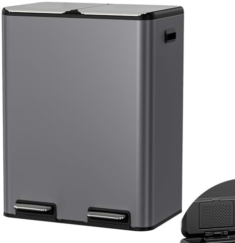 Clevich 60L Double Bin with Odor Control, (2 x 30L) Dual Kitchen Bins, Recycling Waste Bin w/Wide Pedal, Handle, Removable Inner Buckets, Soft-Close Lid, Airtight Design, for Home Office(Grey)