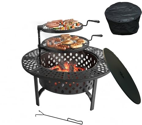 Relaxdays Feuerschale, Ø 92 cm, 2 verstellbare Grillroste, Deckel, schwarz | Schürhaken & Abdeckung, Feuerstelle Garten