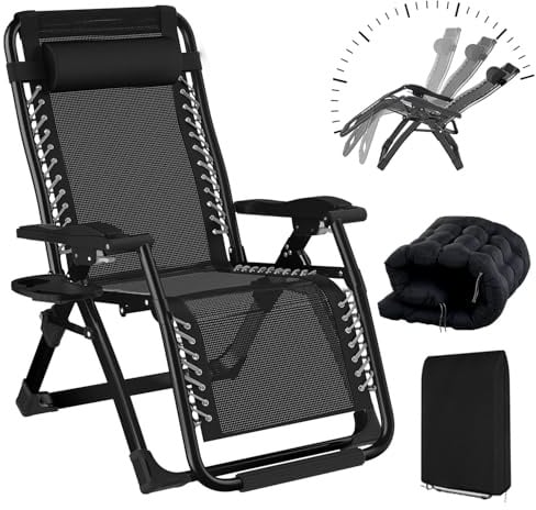 Tumbonas Plegable Jardin Exterior 65cm Ancho Hasta 240KG, Silla Reclinable Jardín con Cojín, Funda y Portavasos, Transpirable Ligera, Tumbona Gravedad Cero Aluminio para Terraza, Piscina y Playa
