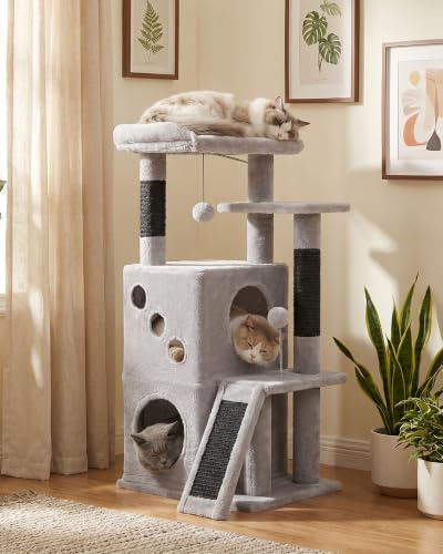 PETEPELA Kratzbaum für Katzen, 88 cm, Kleine Katzenhöhle mit Kratzpfosten, 2 Kuschelhöhlen, Kratzrampe & Hängespielzeug, Katzen-Spielhaus für Mehrkatzenhaushalte, Schwarz