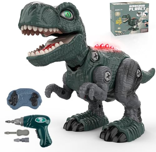 Buoeuik Dinosaure Telecommandé Enfant, Jouet Garçon 3 4 5 6 7 8 Ans Perceuse Électrique DIY Construction RC Dino Robots avec Son et Lumière Jeux éducatifs Cadeaux Pâques Anniversaire Noël Enfants