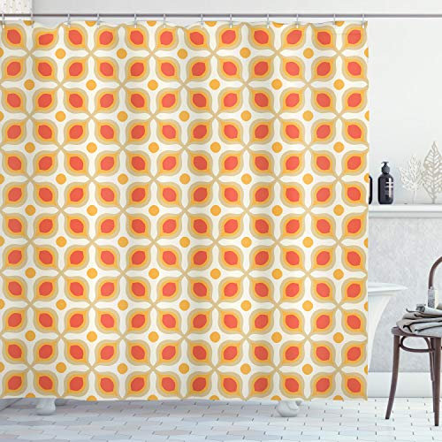 ABAKUHAUS Jahrgang Duschvorhang, 70er Boho Geometric, Stoffliches Gewebe Badezimmerdekorationsset mit Haken, 175 x 180 cm, Orange Creme