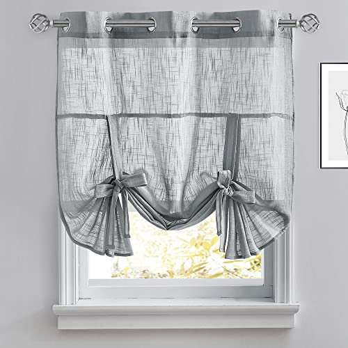 PONY DANCE Small Window Curtains - Kitchen Curtain Roman Shade Linen Look Sheer Tie Up Blind Length Adjustable Valance for Bedroom/Bathroom, 42 x 45, Dark Grey, 1 Panel