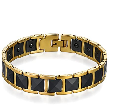 Flongo Herren Magnetarmband Keramik Porzellan Therapie Kugel Gesundheit Armband Armreif mit Schwarz Gold Männer Schmuck Accessoires