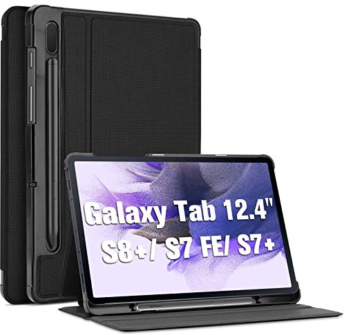 ProCase Case for Samsung Galaxy Tab S7 FE 2021/Tab S8+ Plus 2022/Tab S7+ Plus 2020 12.4, Shockproof Lightweight Slim Protective Book Case Folio Cover for SM-X800/T730/T970 -Black