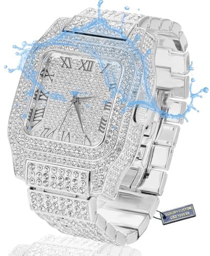 Halukakah Premium-Diamant Gold Uhr für Männer - Platin Weißgold Plattiert,Römische Ziffern,Quadratisches Zifferblatt,200g Schwer,3 Seiten Iced Out,24cm Armband - Geschenkbox Inklusive