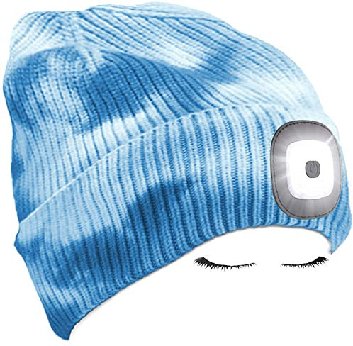 Morye LED Mütze mit Licht, Laufmütze Herren Damen Kappe Lampe USB Nachladbare 4 LED Scheinwerferkappe für Warm Cap mit LED Licht für Jogging,Camping,Angeln,Walking/Tie Dye Blau