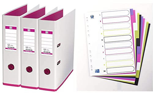 Oxford Ordner A4, MyColour, 8 cm breit, zweifarbig weiß und pink, 3 Stück & myColour Kunststoff-Register A4, blanko, 10 Blatt, 10-teilig, multicolor