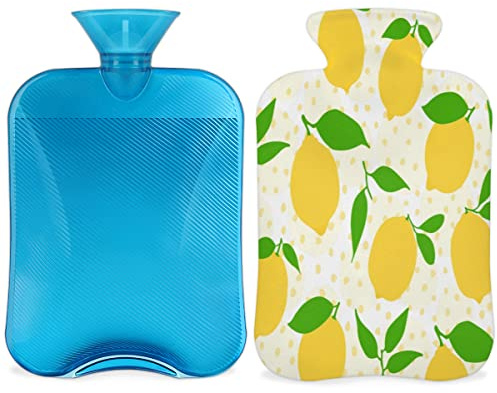 Yellow Lemon Hot Water Bottle with Fluffy Cover, 2L Large Capacity Hot Water Bottles for Kids Men Women, Lemon Fruit Leaves Warm Water Bottle for Cosy Nights, Pain Relief, Back