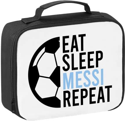 Eat Sleep Messi Repeat Lunch Box - Football Soccer Footie Footy Argentina Sportsman Player World Cup Ball Athlete Bag Quote Saying Phrase Gift Present (Black)