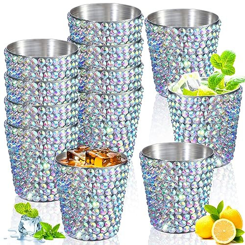 Tioncy 12 Pack 1 oz Rhinestone Stainless Steel Shot Glasses Mini Bling Cup Small Glitter Metal Drinking Shot Glasses Adult Pint Barware Drinking Vessel for Women Whiskey Bachelorette Party Gift