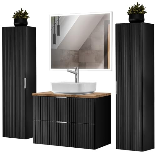 Lomadox Badmöbel Komplett Set mit 2 Hochschränken, Keramik Aufsatzbecken und rechteckigem LED Spiegel, matt schwarz mit Eiche Nb., gerillte Front