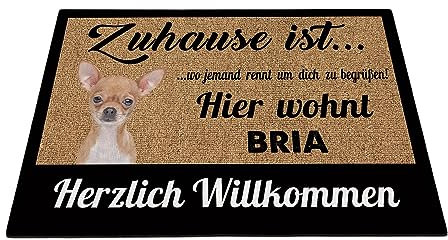 BAGEYOU Herzlich Willkommen Fußmatte Hübscher Chihuahua Individueller Hundename Zuhause Ist Wo Jemand Rennt Um Dich Zu Begrüßen Hier Wohnt Fußabtreter 60 x 40 cm