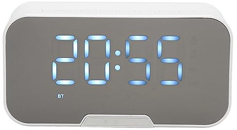 Haut-Parleur de Réveil Miroir BT avec Annonce Vocale D'affichage de la Température Radio FM, Haut-Parleur à Grand Diaphragme de Basse de 50 Mm, pour Le Bureau de la Chambre (White)