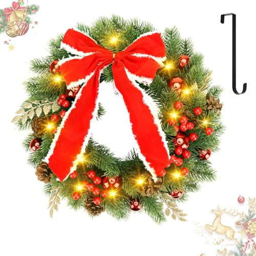 Christmas Wreath with Lights & Hanger, 40cm/16 inch Xmas Door Wreaths with Timer Function, Christmas Reef Garland Decorations for Front Door, Fireplace, Wall, Window, Outdoor, Indoor Decor