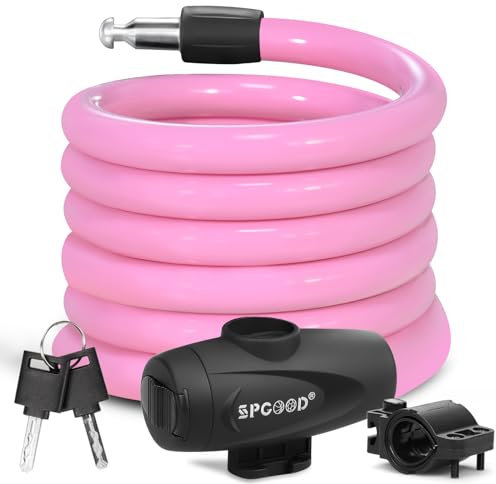 SPGOOD Bike Lock 1200mm/12mm with 2 Keys,Bicycle Lock with Mounting Bracket,Steel Cycling Cable Lock High Security,Lightweight Coiling Cable Lock for Bike,Scooter,Skateboard,Gate,Door (A-Pink)