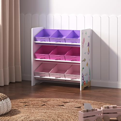 [en.casa] Kinderregal Boiro Kinderzimmerregal 60 x 62 x 30 cm stehend mit 9 Faltboxen Spielzeug Aufbewahrungsregal Ozean-Motiv