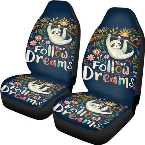 ZIATUBLES Autositzbezüge, Motiv: niedliches Faultier Follow Your Dreams, vollständiges Set mit 2 Fahrzeug-Vordersitzbezügen, Schonbezug, Autositzbezug, passend für die meisten Autos, Lieferwagen,