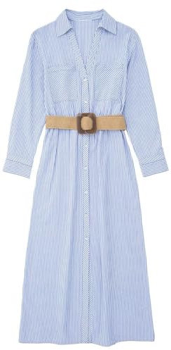 Neues langärmeliges, gestreiftes, modisches Kleid mit Gürtel – Bildfarbe – L