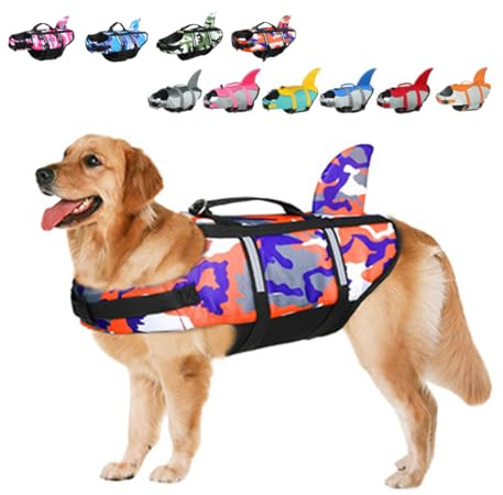 Rettungswesten für Hunde Schwimmweste Hunde Hai, Leicht und Sicher für Wassersport, hundeschwimmweste mit Griff und Reflektierend für Kleine Mittlere und Große Hunde Tarnung Orange XXL