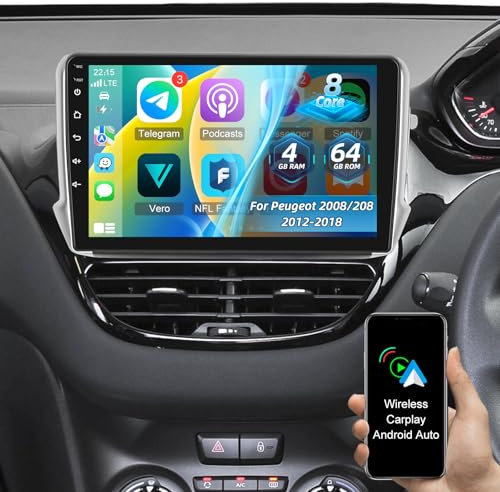 Autoradio 4 + 64G pour Peugeot 2008/208 2012-2018 - Android 13 Carplay sans Fil et Android Auto - Écran Tactile 9 Pouces avec DSP WiFi GPS/Mirror Link + Caméra de recul AHD et Microphone