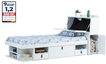Memomad Einzelbett mit Stauraum 90x190 + Funktions-Kopfteil + Lattenrost: Set Bali Weiss. Jugendbett und Kopfteil aus MDF Weiss lackiert mit viel Stauraum und Bettkasten, ideal f. kleine Schlafzimmer