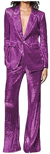 Botong Completo da donna con paillettes alla moda, un bottone, 2 pezzi, smoking, blazer, pantaloni, ballo studentesco, Viola, S
