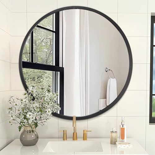 AOAOPQ Miroir mural rond avec cadre en métal simple - Miroir suspendu moderne pour salle de bain, couloir, salon - 50 x 50 cm - Cercle noir
