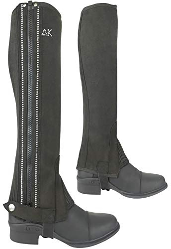 AK Washable Micro Suede Leather Horse Riding Half Chaps – Ladies Equestrian Half Chaps with Sparkling Crystal Rows, Comfortable & Durable English Riding Leg Protection AKRS-1890 (Black, 2XL)