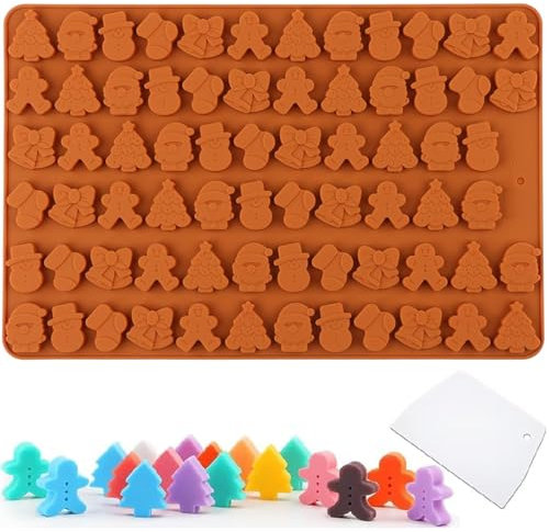 YJDM Christmas Silicone Chocolate Moulds, 70-Cavity Mini Christmas Tree Snowman Santa Gingerbread Man Bell Gummy Candy Mold DIY Baking Molds for Chocolate, Jelly, Biscuits Xmas Deco with Scraper