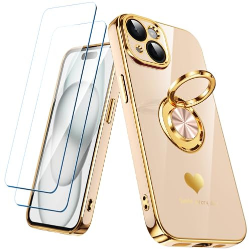 Nonional Compatible for iPhone 15 Case with 2 Pack Screen Protector, 360° Rotatable Ring Holder [Luxury Hearts Pattern] Plating Gold Edge Slim Soft Phone Cover Case for iPhone 15 - Pink