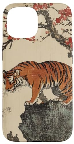 Vintage Japanese Tiger with Cherry Blossoms Tree Woodblock Case for iPhone 15
