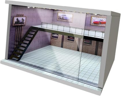 Amagogo Garage Vitrine 1/64 1/36 1/32 Maßstab Fahrzeug Garage Vitrine Schutzbox Parkplatz Doppelschicht für Druckgussauto, Rosa Linke Treppe