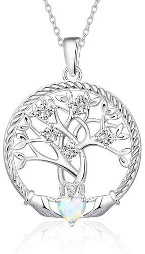 Collar Mujer Árbol de la Vida Joyas Mujer Plata de Ley 925, Colgante el Árbol de la Vida Piedras de Nacimiento para el Cumpleaños de Octubre, Regalos de la Joyería del Ópalo Para la Esposa Mamá