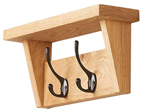 Fox and Grain Solid Oak Coat Rack (2 Hooks) | Wall Mounted Coat Hooks with Shelf for Display/Storage | Wooden Stylish & Versatile Hallway Decor | Heavy Duty Double Hooks | Handcrafted in The UK